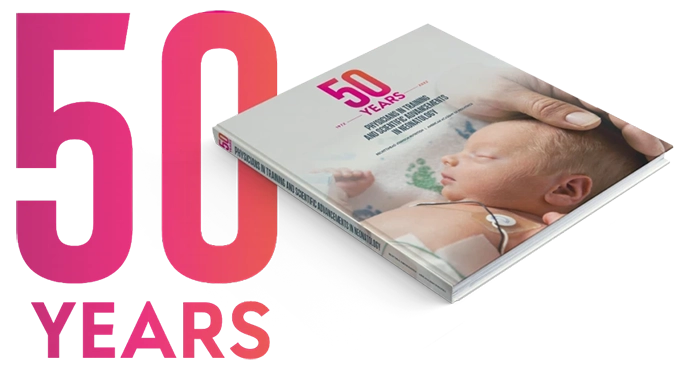 Book cover showing a baby being held, with large pink text "50 YEARS" on the left side