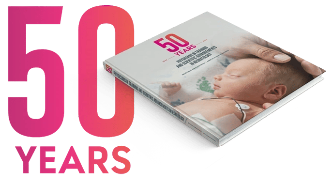 Book cover showing a baby being held, with large pink text "50 YEARS" on the left side