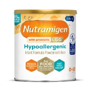 Nutramigen Hypoallergenic infant formula can with orange and white packaging, showing 0+ months age indication