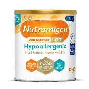 Nutramigen Hypoallergenic infant formula can with orange and white packaging, showing 0+ months age indication