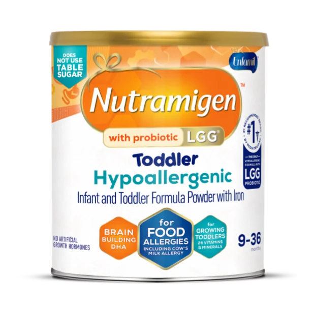 Nutramigen LGG Toddler Hypoallergenic Formula can with orange and white labeling, designed for food allergies and ages 9-36 months