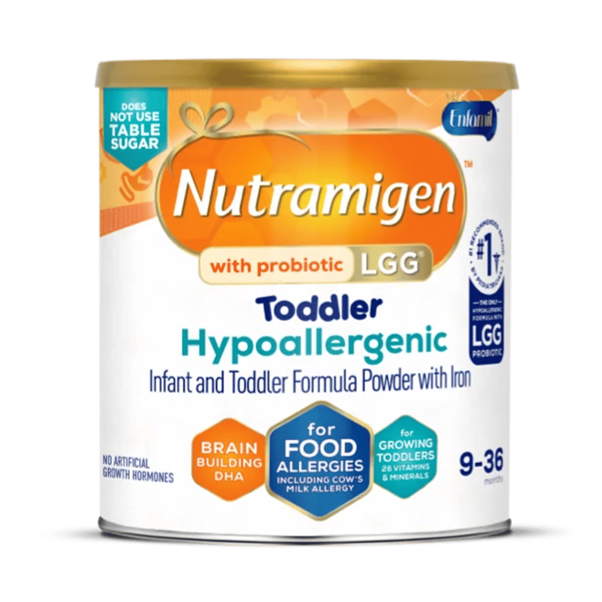 Nutramigen LGG Toddler Hypoallergenic Formula can with orange and white labeling, designed for food allergies and ages 9-36 months