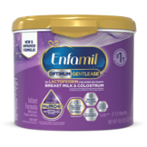 Enfamil Optimum Gentlease infant formula container with purple and gold packaging featuring nutritional benefit icons