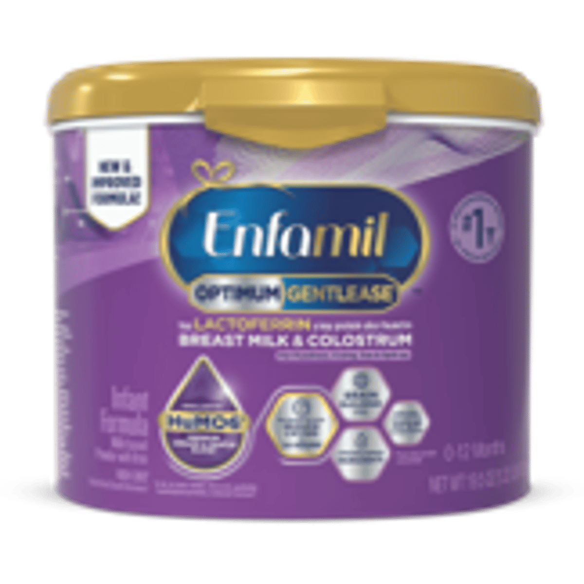 Enfamil Optimum Gentlease infant formula container with purple and gold packaging featuring nutritional benefit icons