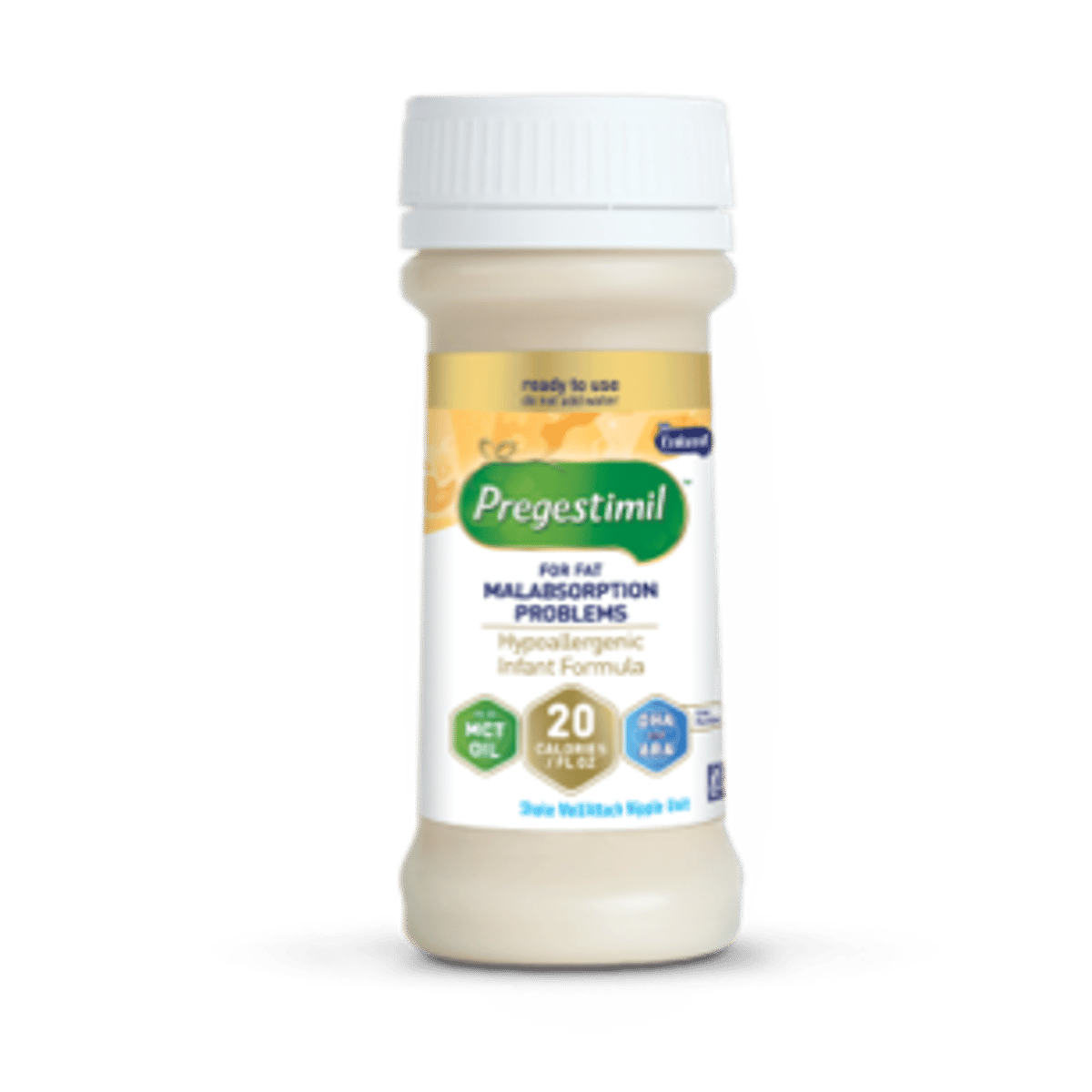 Pregestimil infant formula bottle, 2 fl oz ready-to-feed liquid with white cap and colorful label showing product name and nutritional information