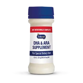White bottle with blue cap containing Enfamil DHA & ARA supplement for special dietary use, 32mL size