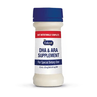 White bottle with blue cap containing Enfamil DHA & ARA supplement for special dietary use, 32mL size