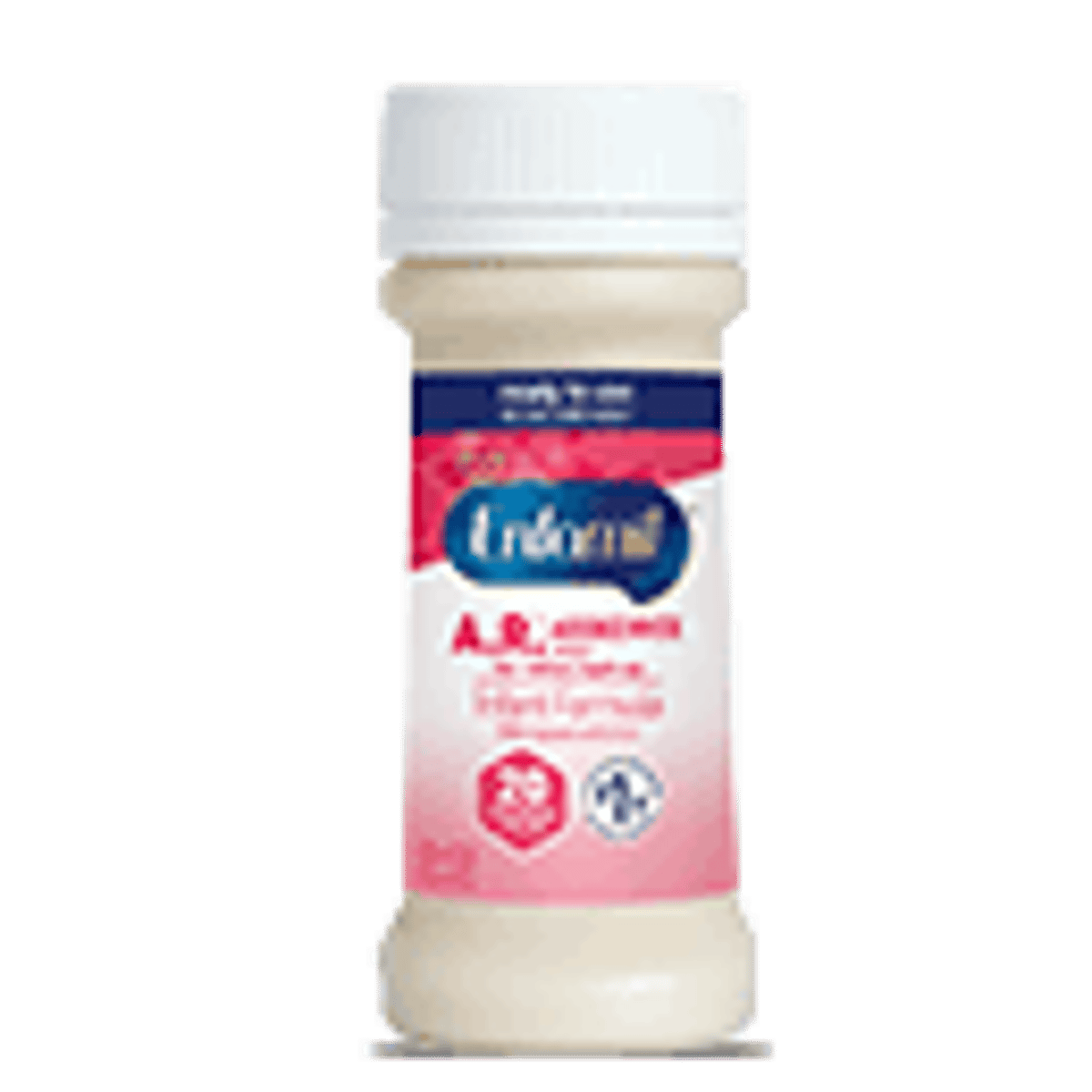 White bottle of Enfamil A.R. infant formula powder, 2 ounce size with red and blue label