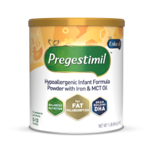 Pregestimil hypoallergenic infant formula powder can with gold lid, featuring green and blue labels highlighting iron, MCT oil, and DHA content