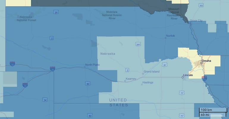 map showing Mental Health Professional Shortage Areas in Nebraska 