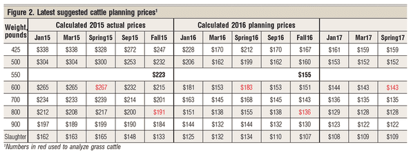Suggested cattle planning prices