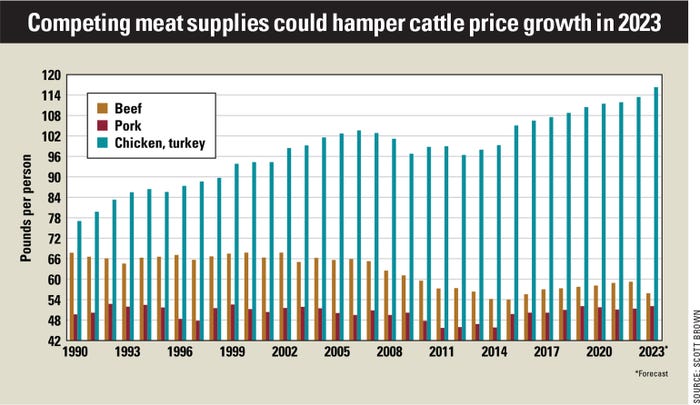Competing meat supplies could hamper cattle price growth in 2023 chart