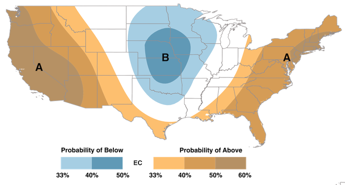 Below-normal temperature outlook for June-July-August across much of the Great Plains