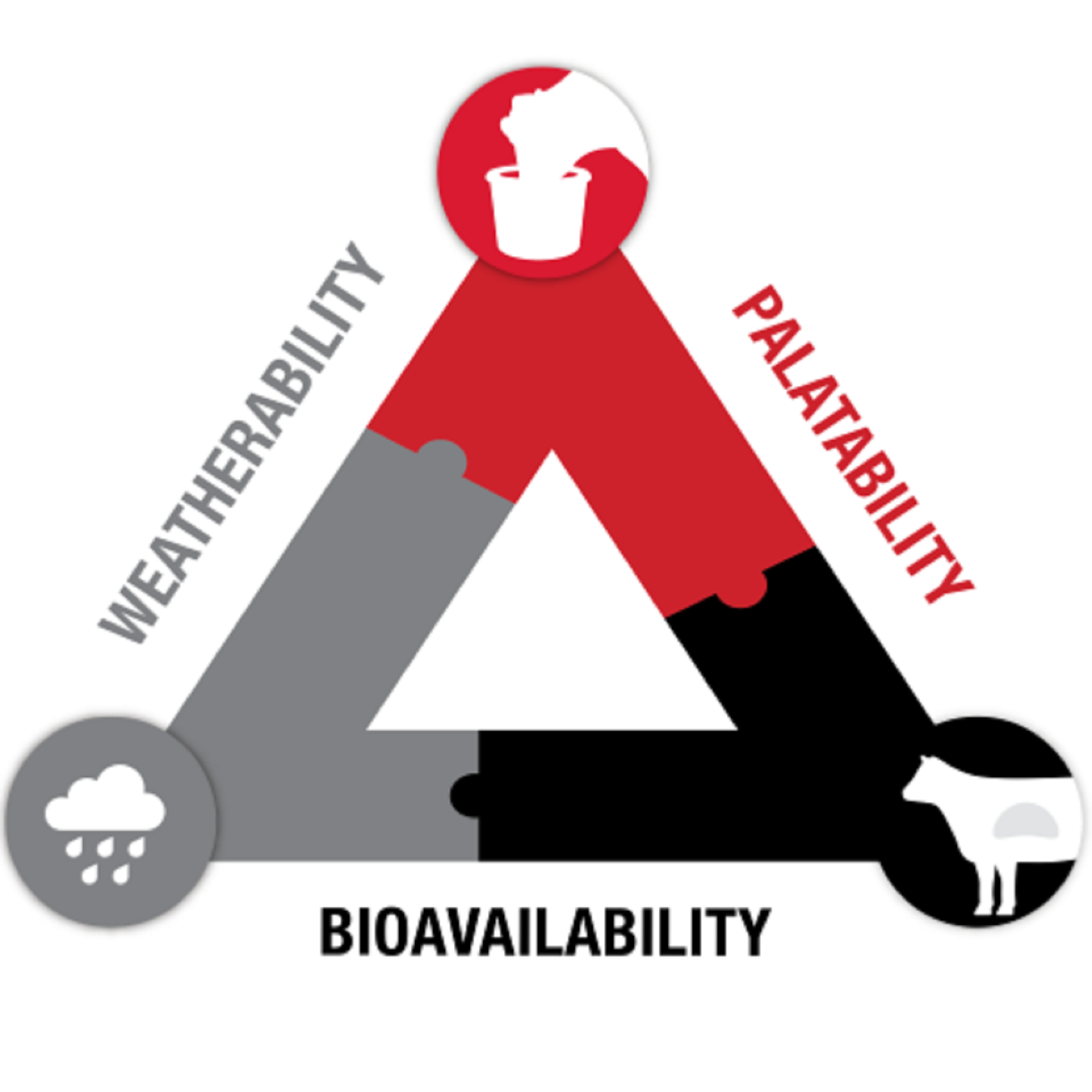 Graphic showing bioavailability, palatability and weatherability, the three keys of any quality mineral program.