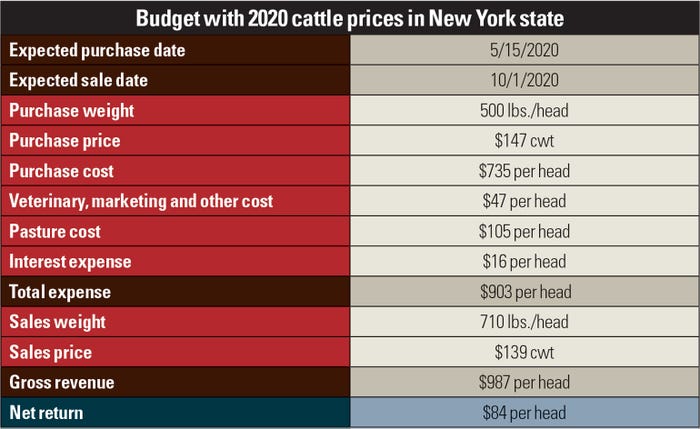 Budget with 2020 cattle prices in New York state table