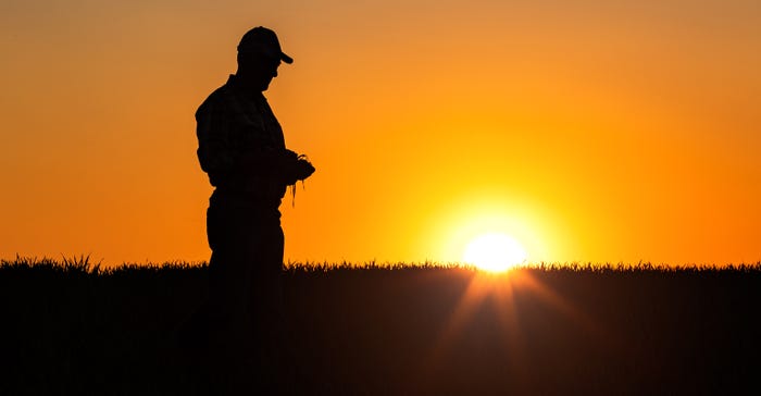 Farmer standing in field at sunset