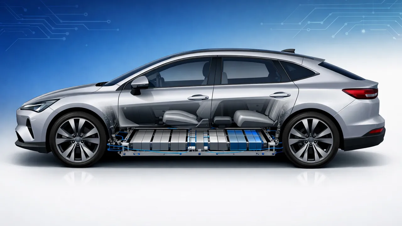 Illustration of the side view of an EV car with a cutaway to show the battery underneath the seats.