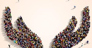 Crowd of people forming shape of of a hand Crowd of people forming shape of of a hand