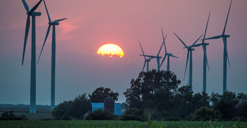 wind turbines on Illinois farm /  Wind turbines on the Bishop Hill wind farm operate among the corn and soybean fields near