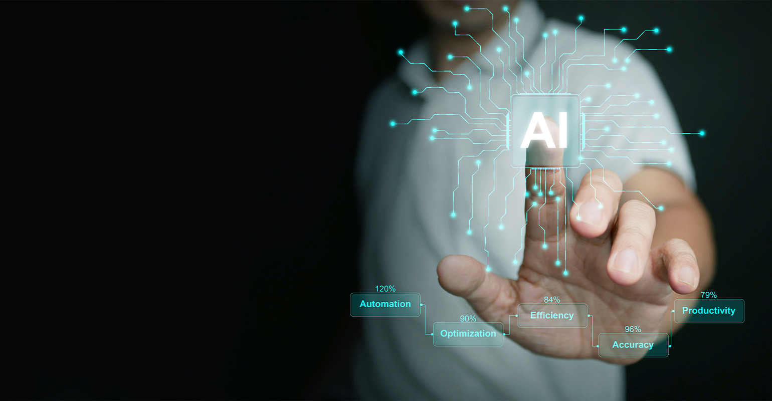 A person taps his finger on AI virtual screen.