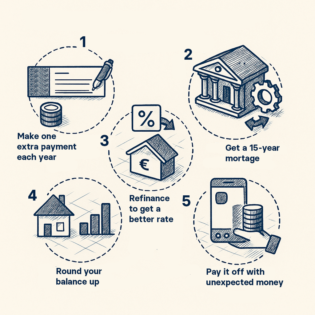 Illustration of five tips to pay off a mortgage faster.