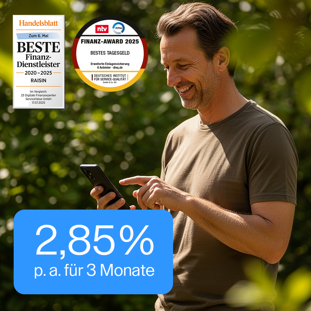 Tagesgeld mit 2,85 % Zinsen p. a. 