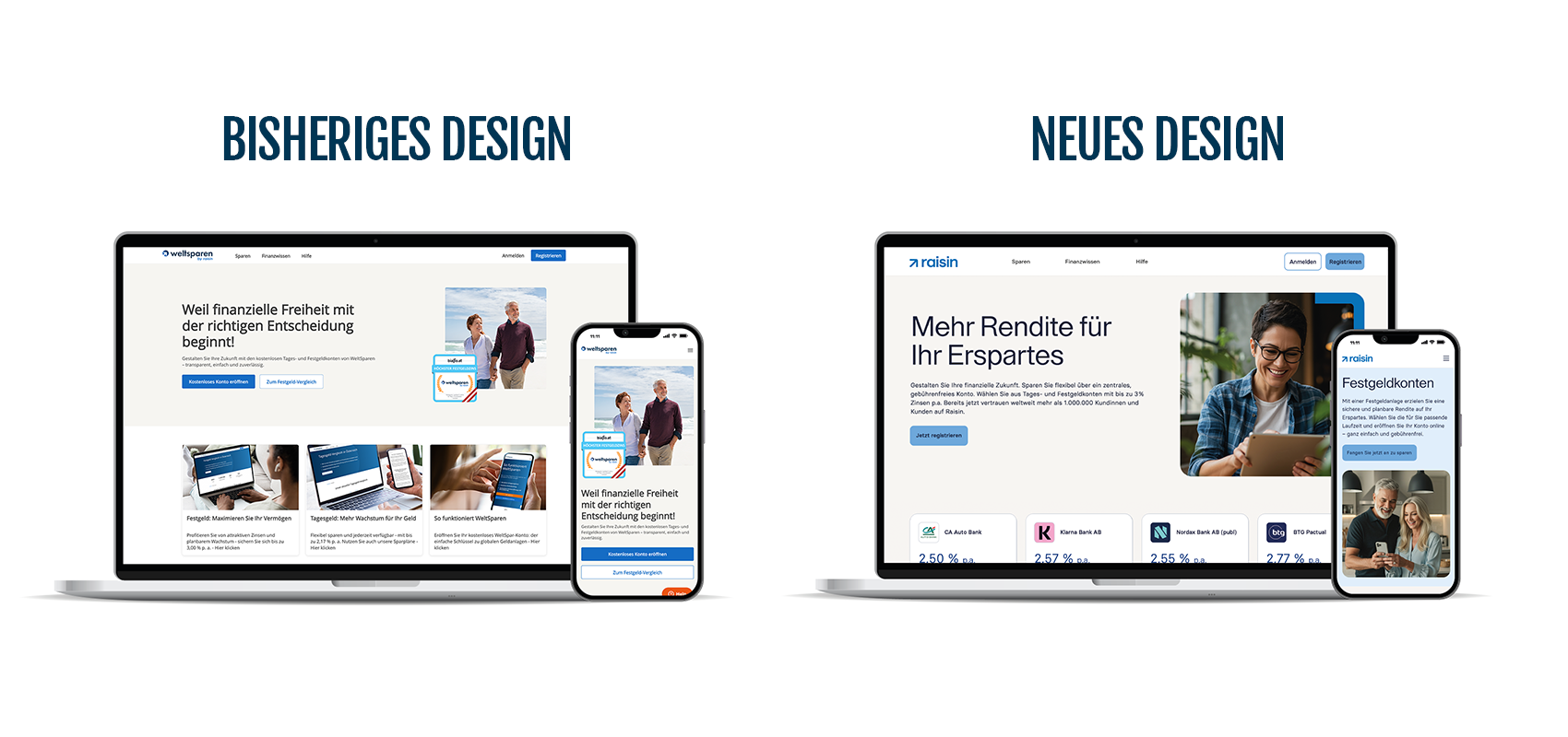 Laptop und Smartphone zeigen die Raisin-Website im bisherigen und neuen Design.