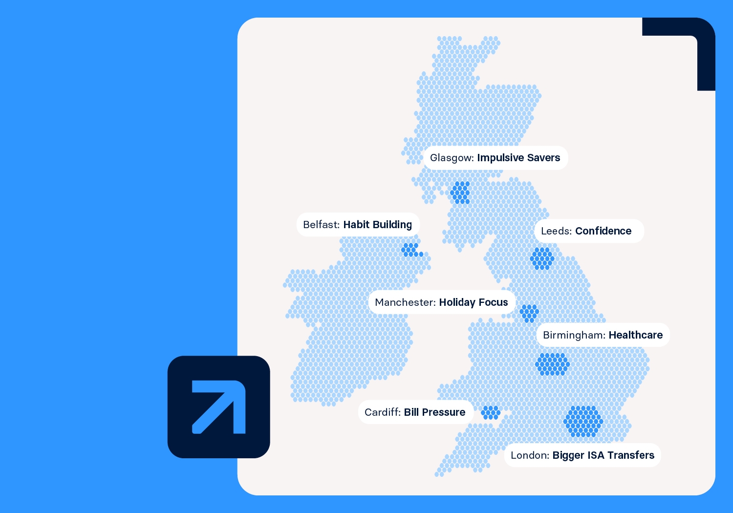Map of the UK highlights regional savings trends with labels like “Confidence” in Leeds, “Holiday Focus” in Manchester, and “Bigger ISA Transfers” in London.