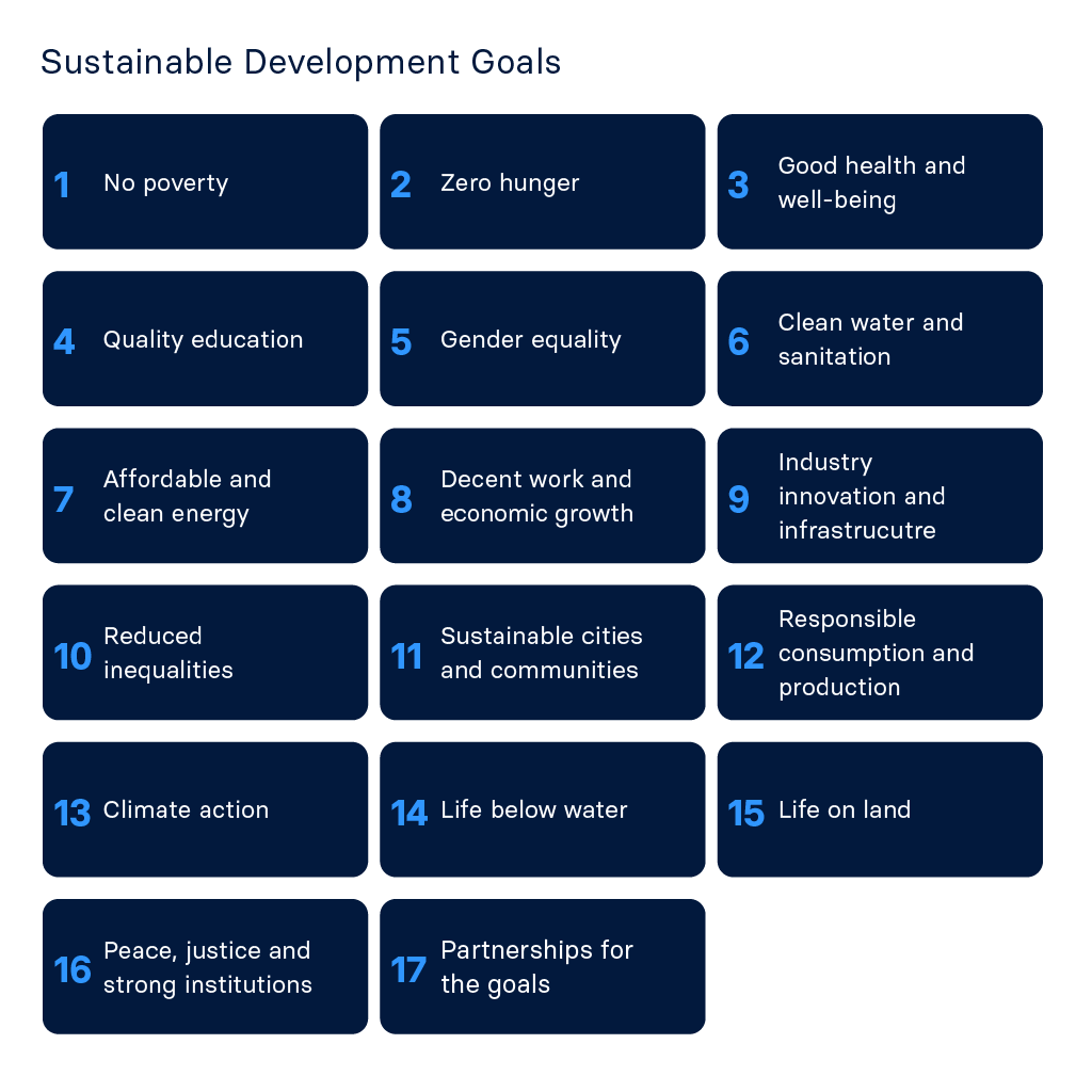 Grid of 17 United Nations Sustainable Development Goals tiles, numbered 1 to 17, covering poverty, health, education, climate, equality, and partnerships.