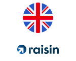 UK flag in a circle positioned above the Raisin logo