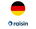 Raisin-Logo mit einem Kreis oberhalb, das die Deutschland-Flagge abbildet.