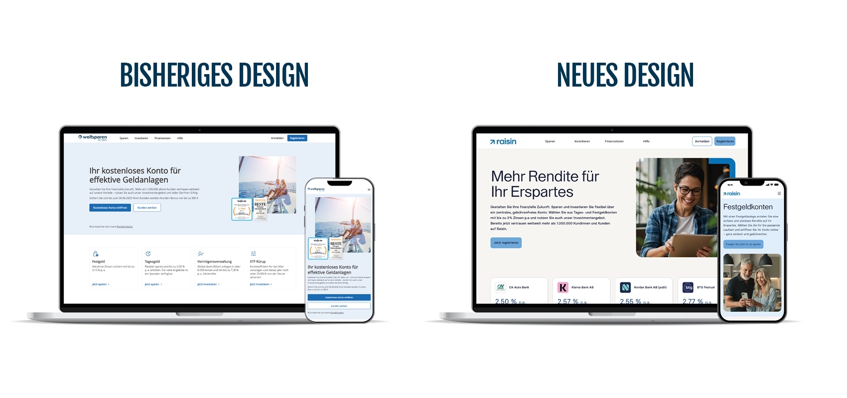 Laptop und Smartphone zeigen die Raisin-Website im bisherigen und neuen Design.