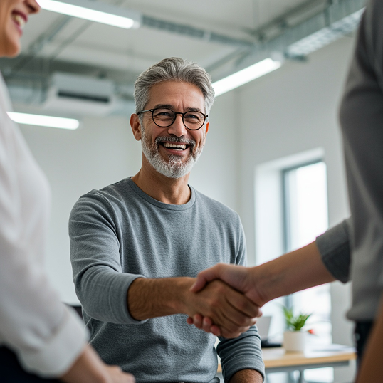 Raisin COM - Smiling Man Handshake in Office