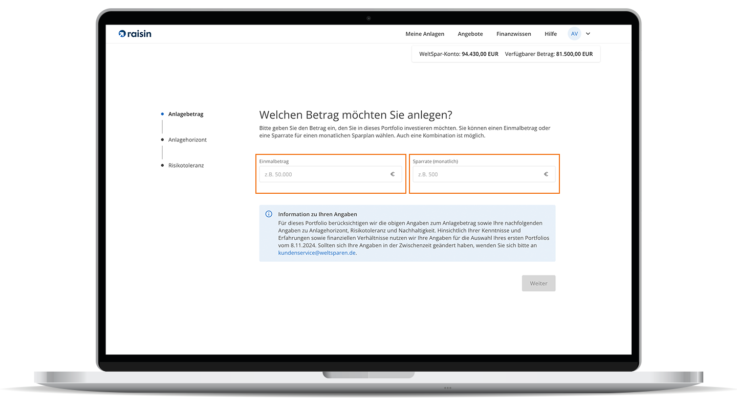 Raisin DE-Digitale Vermögensverwaltung Betrag Anlegen
