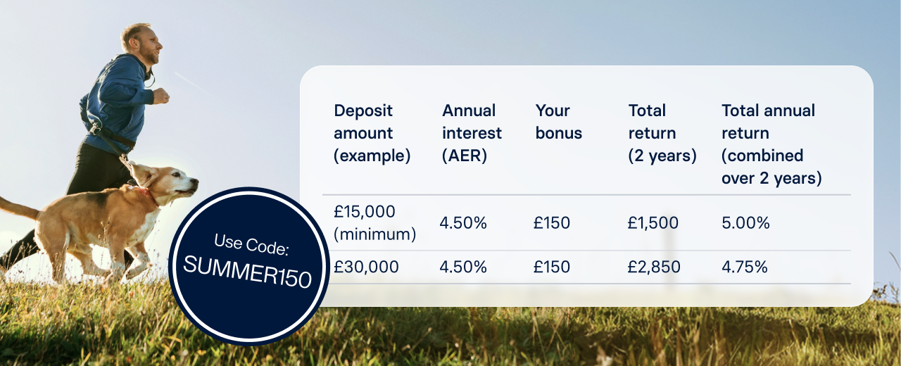 Savings return comparison table and "Use Code: SUMMER150" badge overlaid on a photo of a man jogging outdoors with his dog.