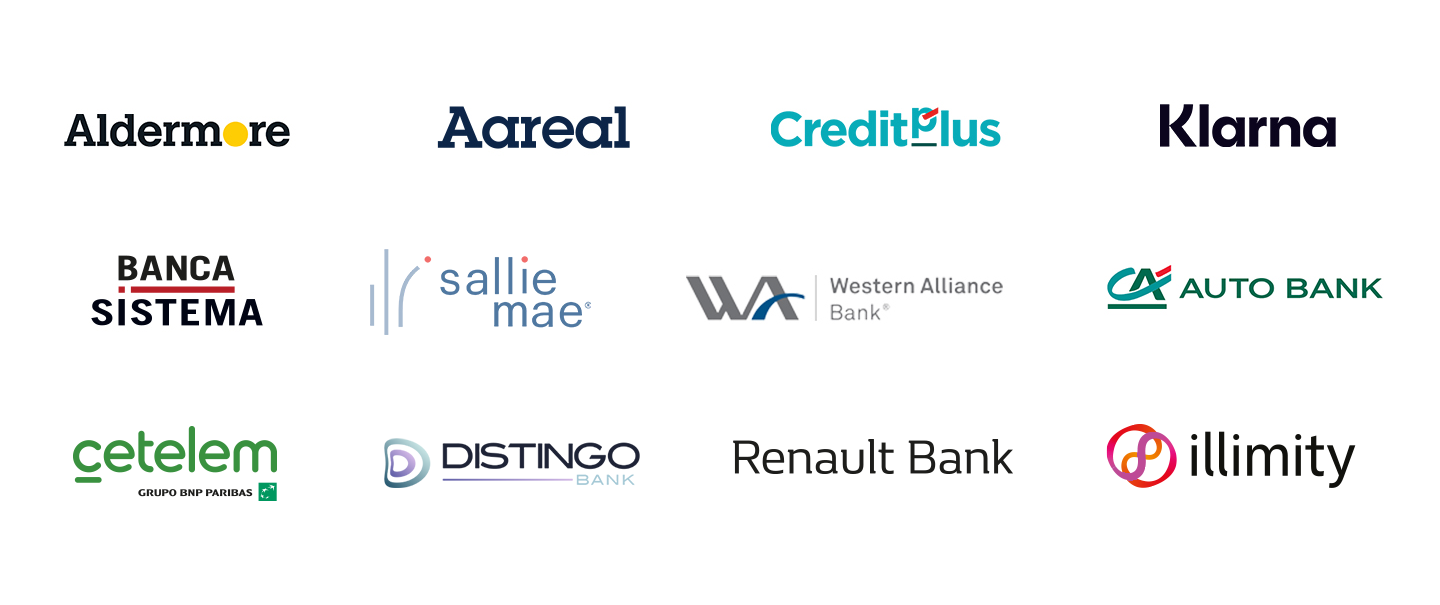 Logos of banks from left to right in four rows
First: Aldermore, Aareal, Credit Plus, Klarna
Second: Banca Sistema, Sallie Mae, Western Alliance Bank, CA Auto Bank
Third Row: Cetelem - Group BNP Paribas, Distingo Bank, Renault Bank, Illimity