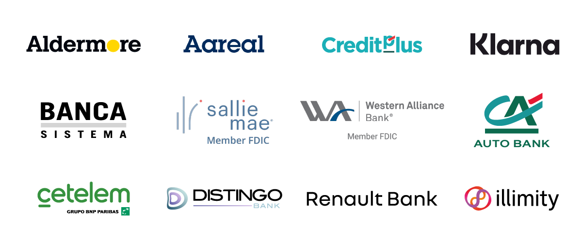 Logos of banks from left to right in four rows
First: Aldermore, Aareal, Credit Plus, Klarna
Second: Banca Sistema, Sallie Mae, Western Alliance Bank, CA Auto Bank
Third Row: Cetelem - Group BNP Paribas, Distingo Bank, Renault Bank, Illimity