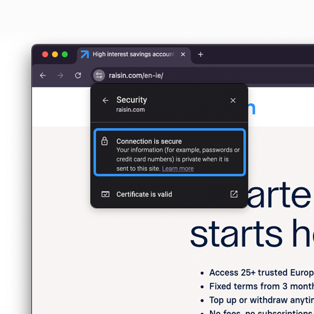 Screenshot of the Raisin homepage showing the website certificate alongside a padlock and secure connection details.