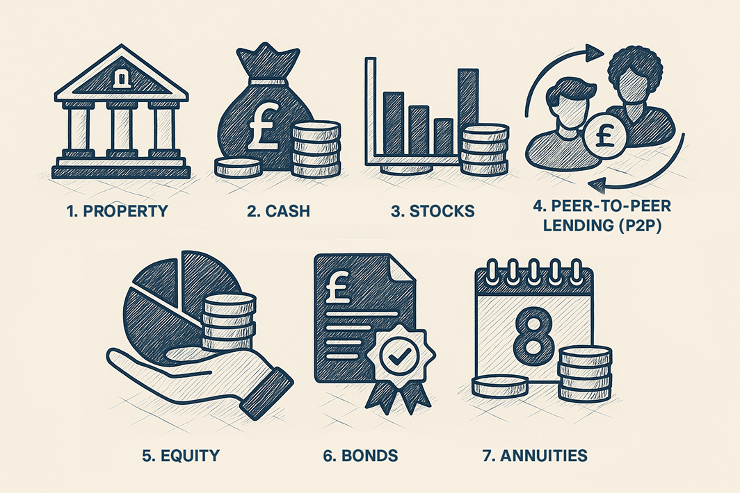 Infographic showing 7 ways to invest £100k, including cash, bonds, stocks.