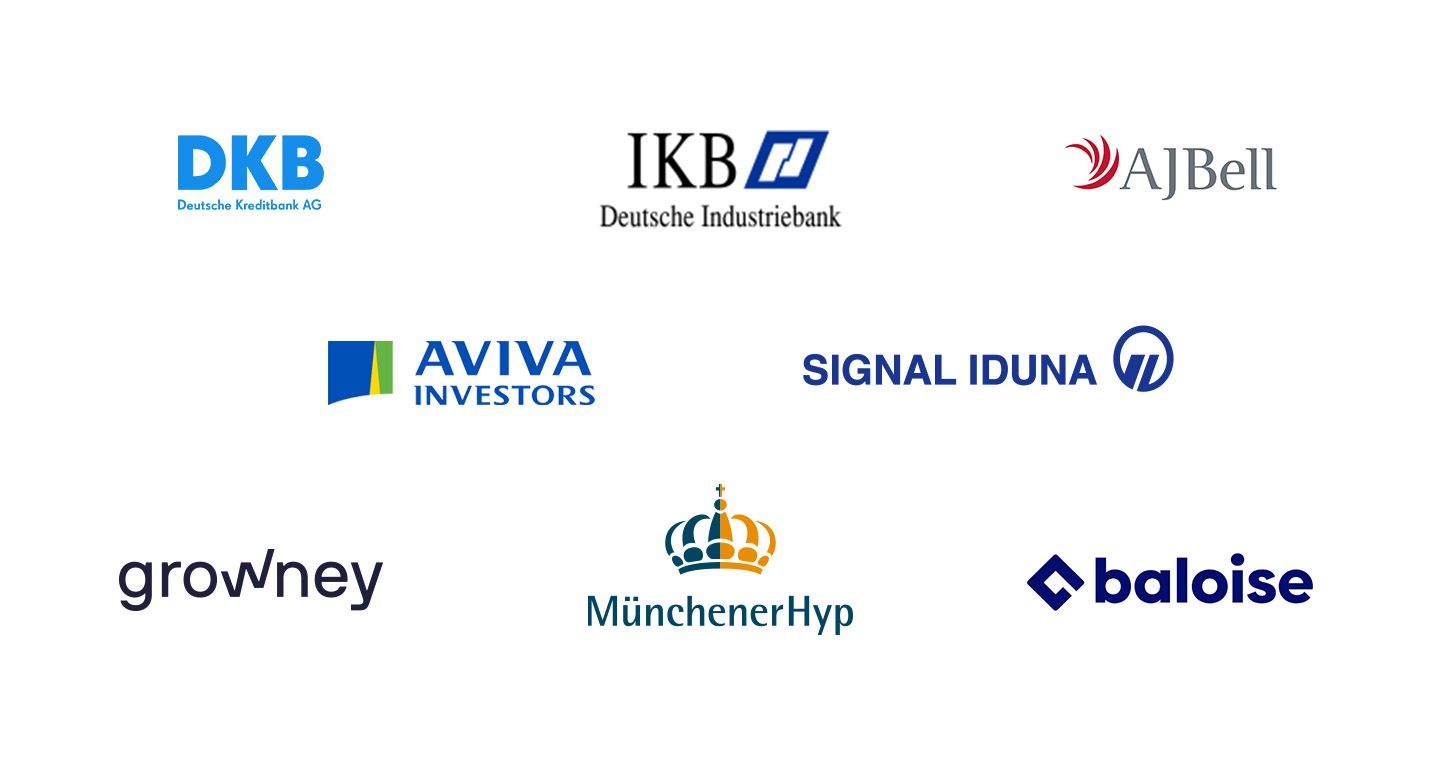 Logos of financial service providers from left to right in three rows
First row: DKB, IKB, AJ Bell
Second Row: Aviva Investors, Signal Iduna
Third Row: Growney, Münchneryp, Baloise