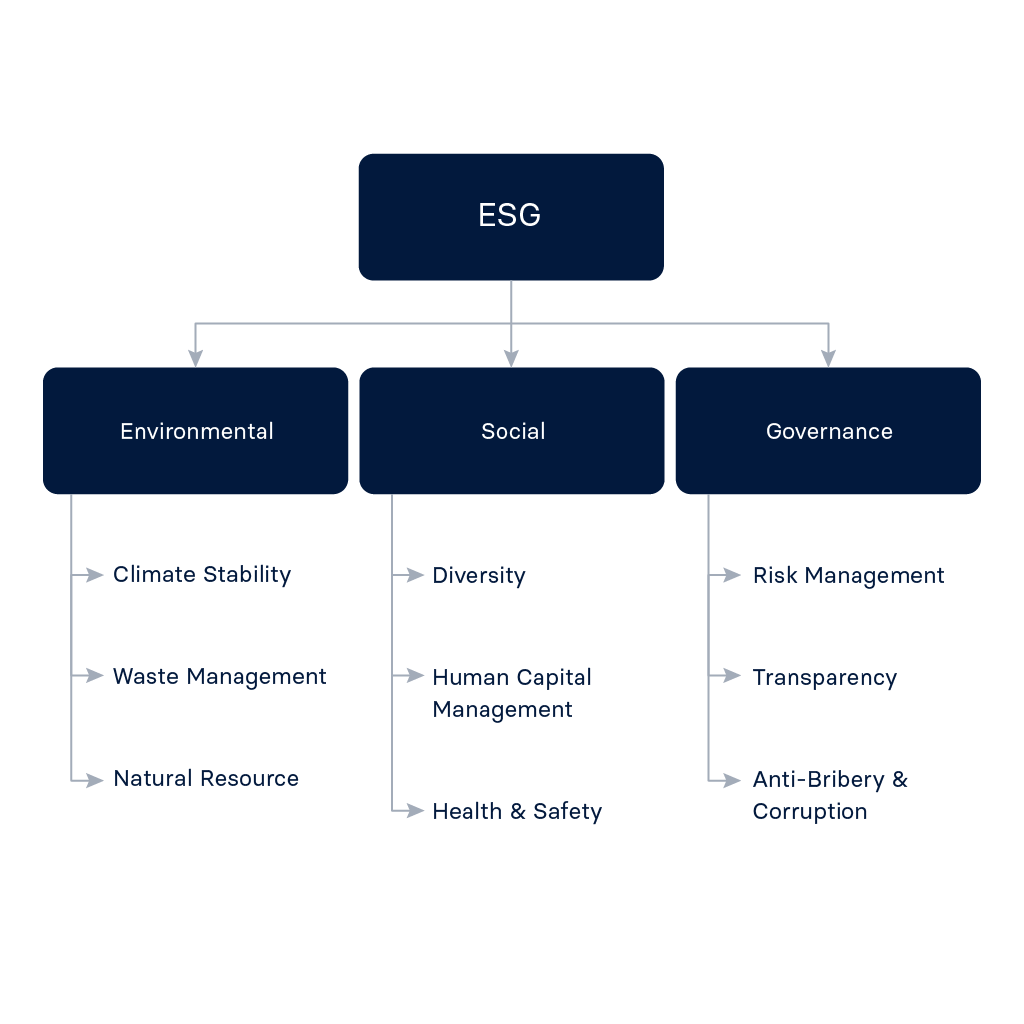 Diagram showing ESG framework split into Environmental, Social, and Governance pillars, with examples like climate stability, diversity, and risk management.