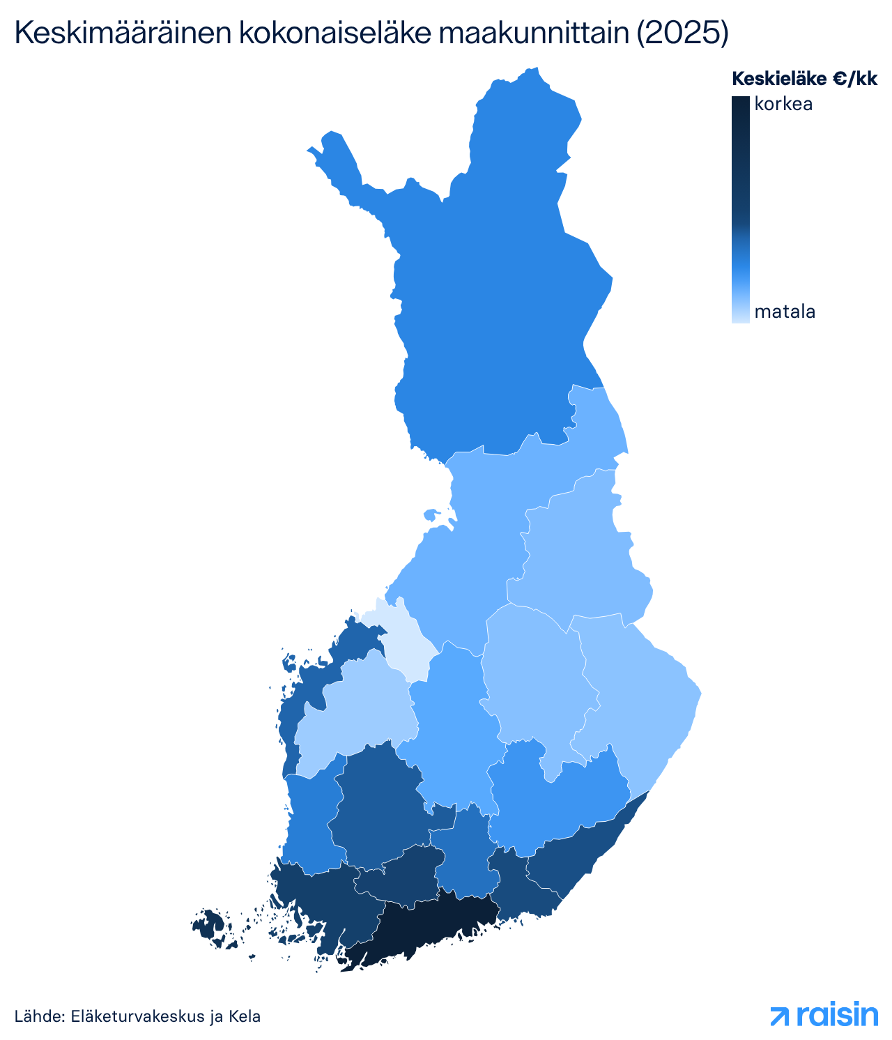 Keskimääräinen kokonaiseläke maakunnittain (2025)