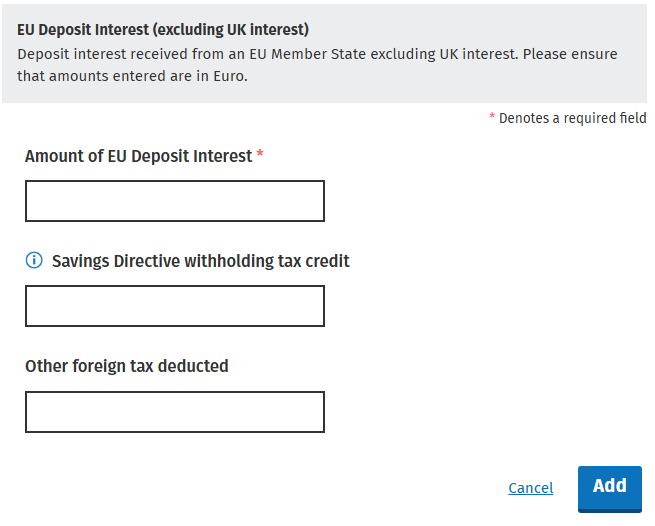 Screenshot showing where PAYE taxpayers can enter the interest they’ve earned on EU deposit accounts