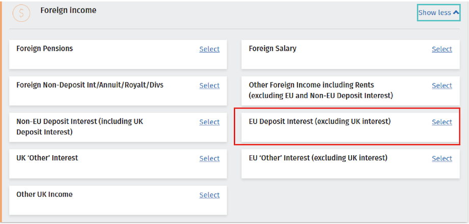Screenshot showing where PAYE taxpayers can find the foreign income section on MyAccount
