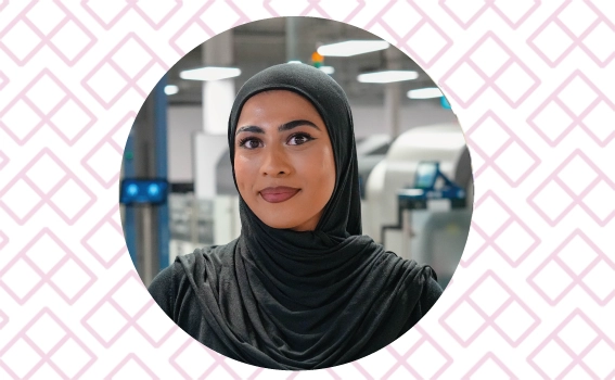 Picture of Humaraya Khanom airport security officer at London Luton Airport, with a pink background.