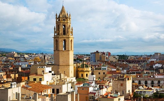 View of Priory Church of Saint Peter's bell tower, in Reus, a city in Catalonia, Spain.