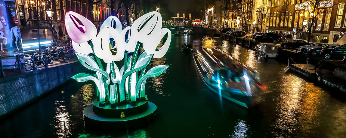 Tulips on the water as part of the Amsterdam Light Festival in Amsterdam in December