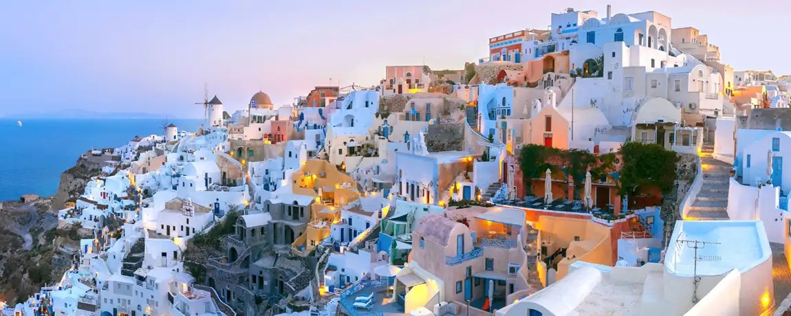 A view of the sunset in Santorini, Greece