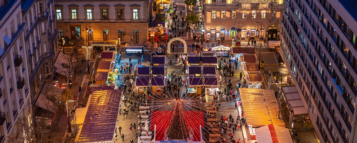 Market stalls and lights for Christmas markets in Budapest, Hungary