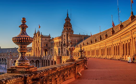 Plaza de España at sunrise in Seville, Spain